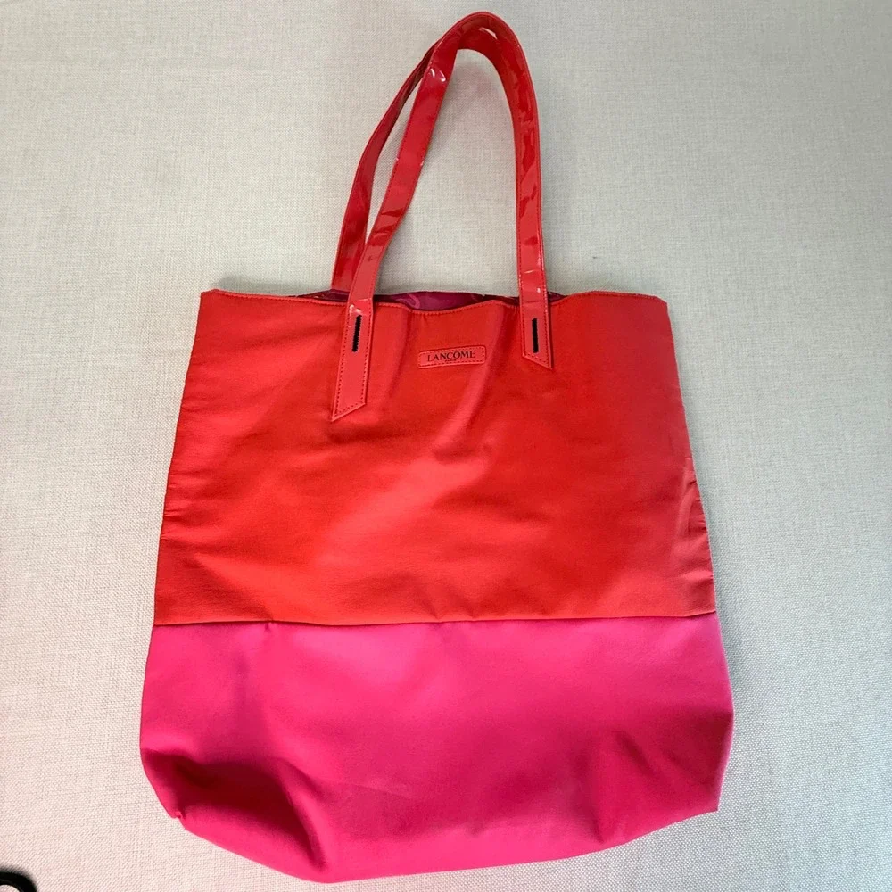 Lancome Paris Red Pink Colorblock Tote Bag Flamingo Lining Large Travel Shoulder